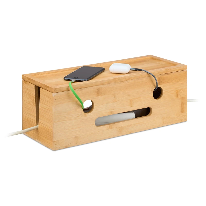Relaxdays Cable Box, for 2 Socket Strips, Bamboo, HWD: 15.5 x 42 x 16 cm, Hide & Organise Cables, Computer Box, Natural
