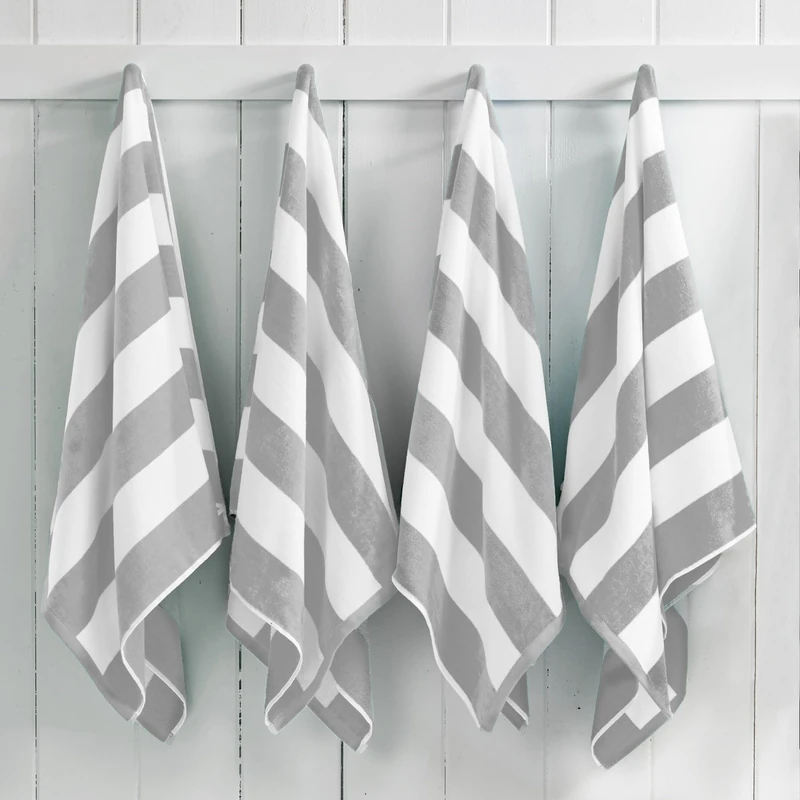 Great Bay Home 100% Cotton Velour 4 Pack Beach Towels 30" x 60" - Cabana Stripe Pool Towels - Quick Dry, Large Swim Towel (Light Grey)