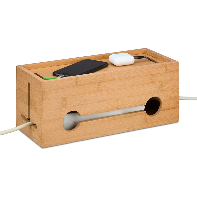 Relaxdays, 2 Socket Strips, Bamboo, HWD: 14 x 34.5 x 14 cm, Hide & Organise Cables, Computer Box, Natural