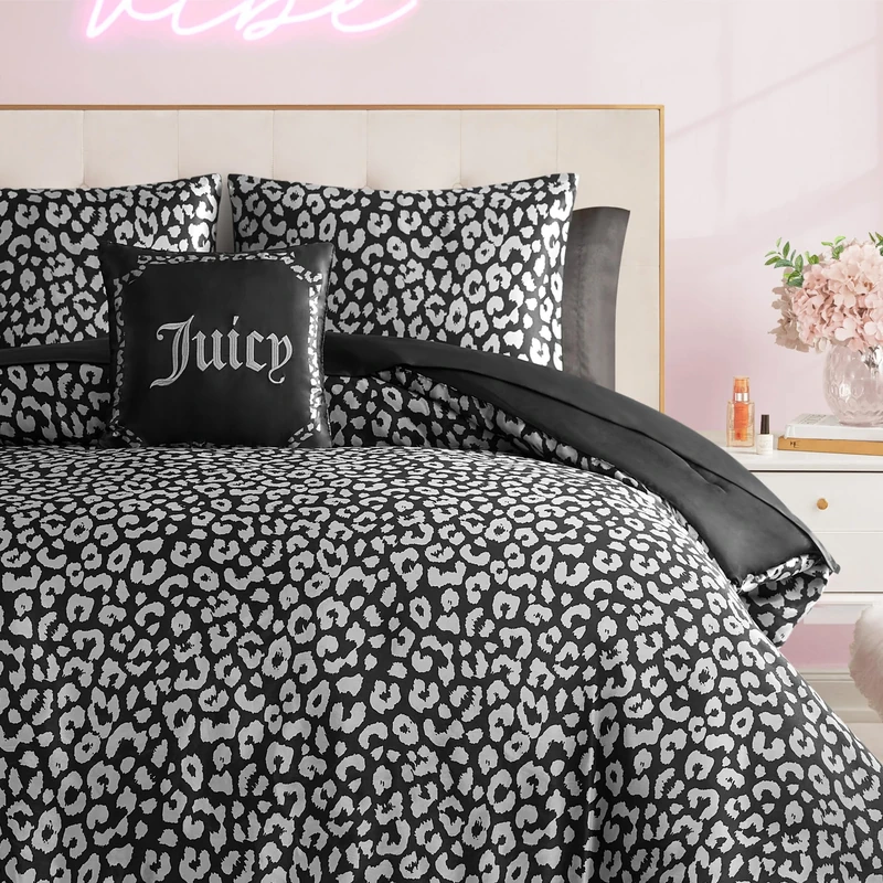 Juicy Couture Modern Black Leopard Satin Queen Comforter Set - Luxury Bed in a Bag – Soft & Stylish 8-Piece Bedding Collection