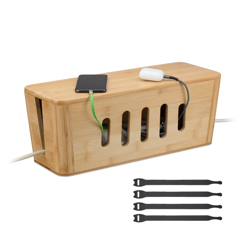 Relaxdays, 2 Socket Strips, Bamboo, HWD: 16.5 x 44 x 16 cm, Hide & Organise Cables, Computer Box, Natural