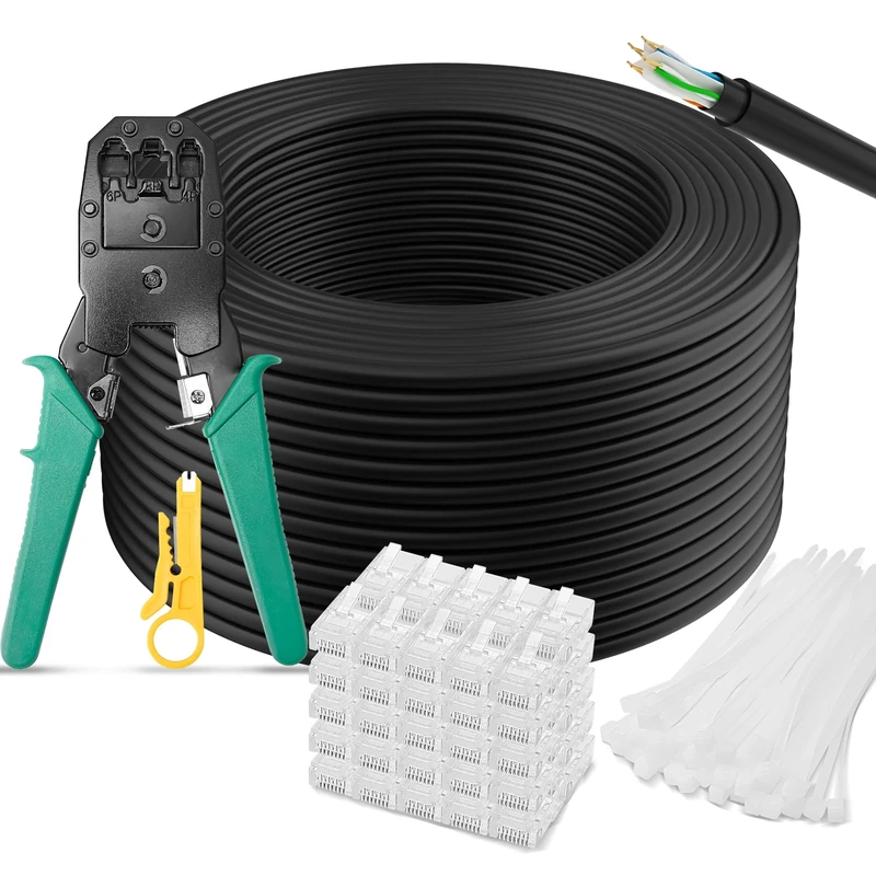 Mygatti Cat 6 Outdoor Bulk Long black Ethernet Cable 100 Meters, with Tool Kits,1.0 Gbit/s Heavy Duty Internet network Cable,24 AWG,UTP,direct Burial,POE,with 50 RJ45 Connectors and 50 Cable ties