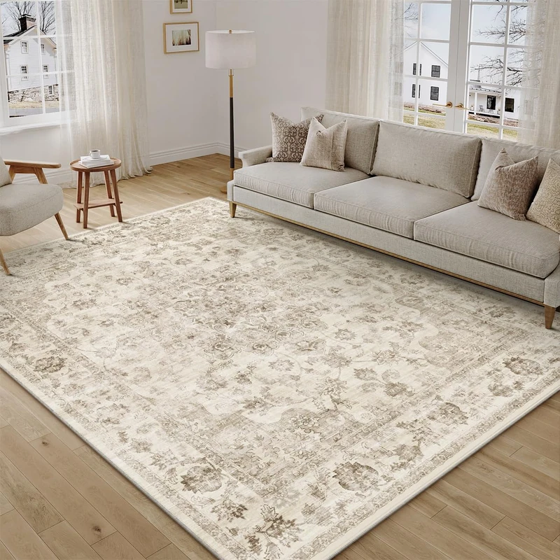 WondRg 6x9 Washable Neutral Area Rug Beige Floral Living Room Bedroom Large Carpet Non-Slip Low Pile Vintage Soft Thin Throw Rug for Dining Room Office Kitchen Bathroom Indoor
