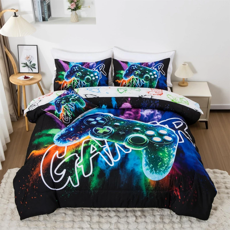 Aimuan Gamer Gaming Bedding Sets 3D Gamepad Comforter Sets for Boys Games Console Action Buttons Novelty Colorful Game Controller Modern Room Decor Home Quilt Set (Black-Green, Full 6Pcs)