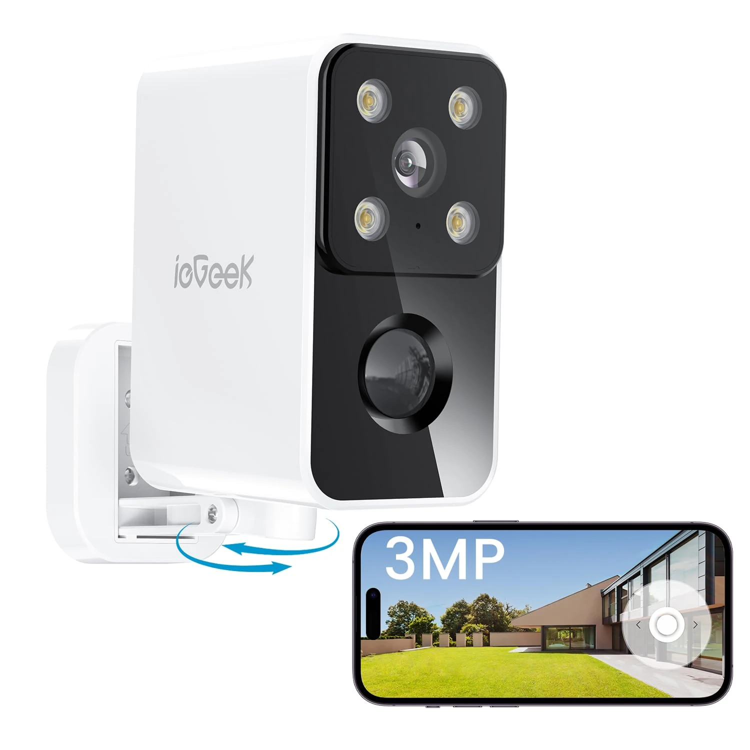 ieGeek No Monthly Fee 2K Security Camera Outdoor Wireless, 180° Horizontal Pan, Rechargeable Battery Wifi Home Camera, Colour Night Vision, Motion Detection, Siren Floodlight, Voice Intercom, IP65