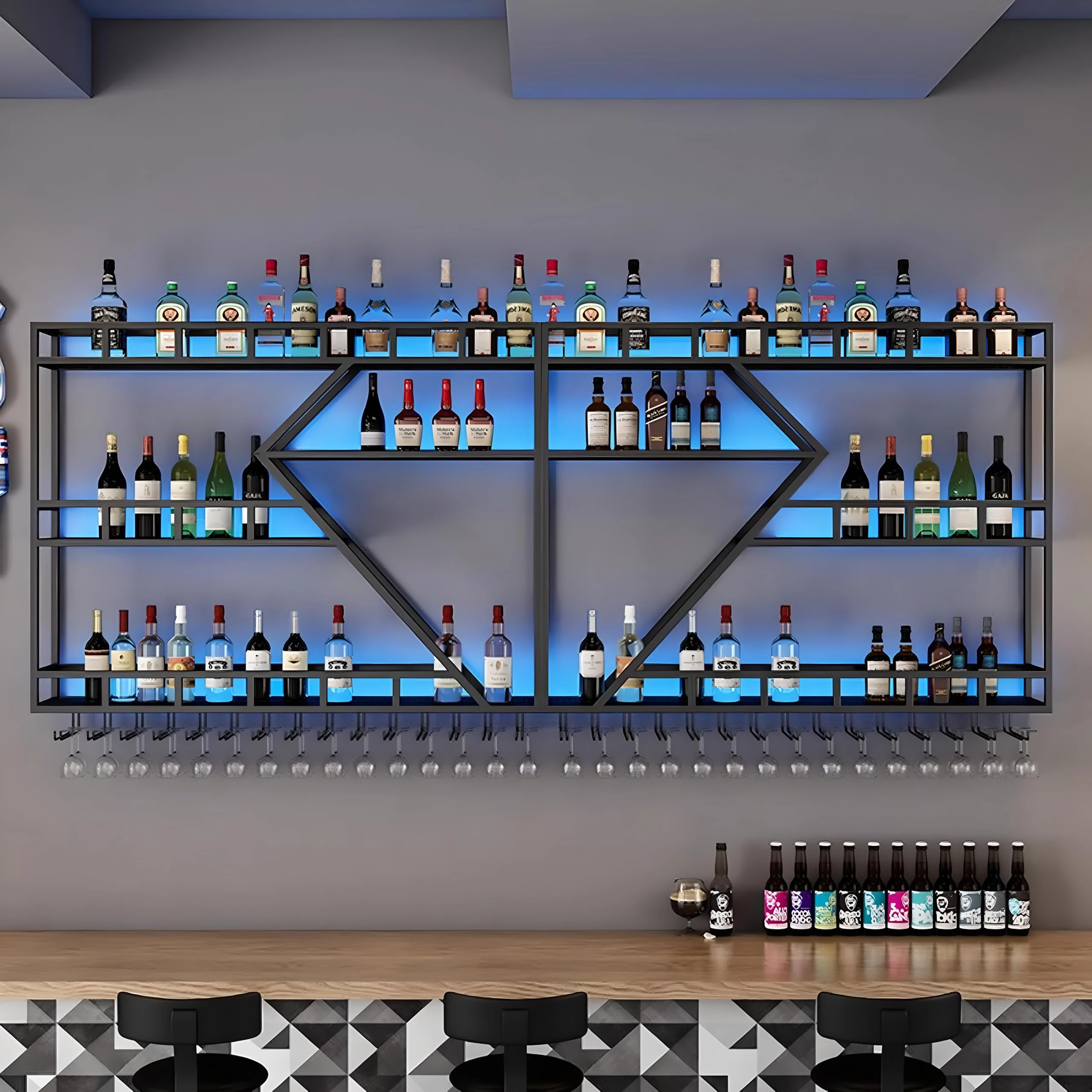 Wall Mounted Wine Rack, Large Metal Wine Bottle Holder, Modern Fashion Diamond Shaped Floating Bar Unit Wine Storage Shelves, for Home Restaurant Bars Decor (Black, 3 Tier-160cm)