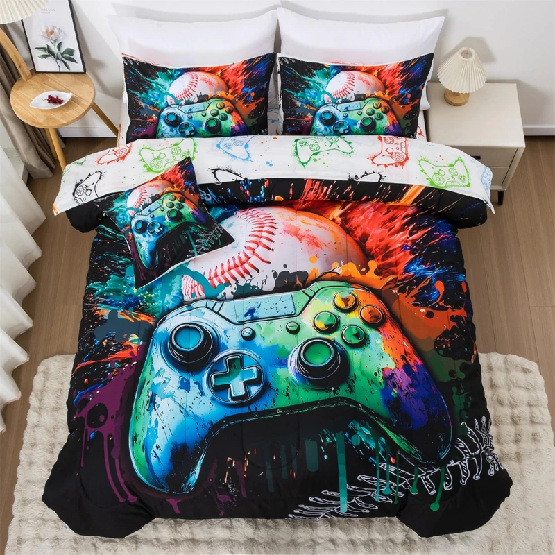 Aimuan Gamer Gaming Bedding Sets 3D Gamepad Comforter Sets for Boys Games Console Action Buttons Novelty Colorful Game Controller Modern Room Decor Home Quilt Set (Green, Twin 6Pcs)