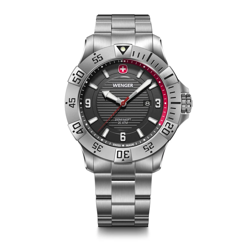 Wenger Men’s Watch Seaforce Ø 43 mm, Swiss Made, Analogue Quartz, Water-Resistant up to 200 m, Stainless Steel Strap, Silver/Black, 01.0641.139