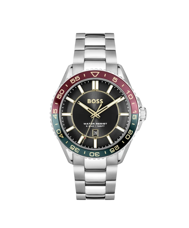 BOSS Three Hand Quartz Movement Watch with Calendar for Men Runner 3H Collection with Silver Stainless Steel Bracelet - 1514210