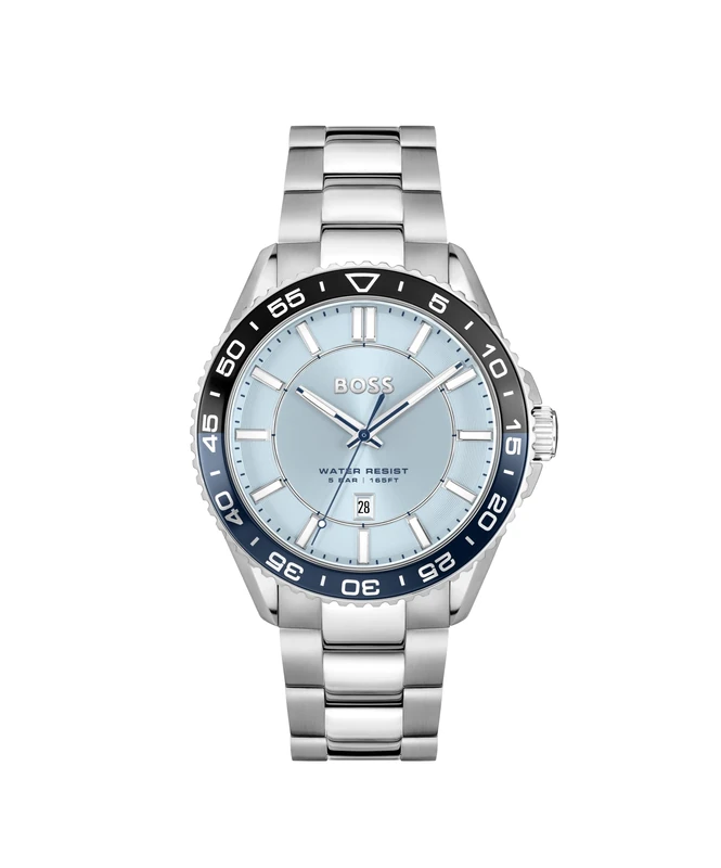 BOSS Three Hand Quartz Movement Watch with Calendar for Men Runner 3H Collection with Silver Stainless Steel Bracelet - 1514207