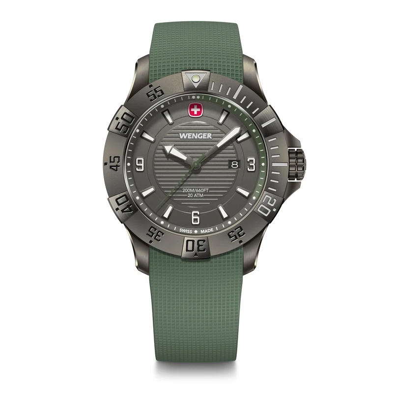 Wenger Men’s Watch Seaforce Ø 43 mm, Swiss Made, Analogue Quartz, Water-Resistant up to 200 m, Silicone Strap, Green/Black, 01.0641.143