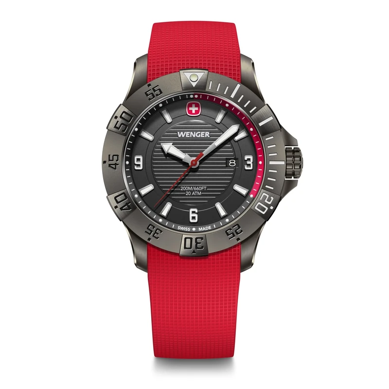 Wenger Men’s Watch Seaforce Ø 43 mm, Swiss Made, Analogue Quartz, Water-Resistant up to 200 m, Silicone Strap, Red/Black, 01.0641.144 - Image 1