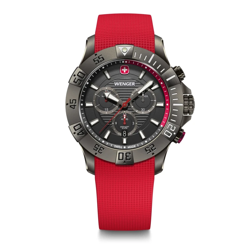 Wenger Men’s Watch Seaforce Chronograph Ø 43 mm, Swiss Made, Analogue Quartz, Water-Resistant up to 200 m, Silicone Strap, Red/Black, 01.0643.128