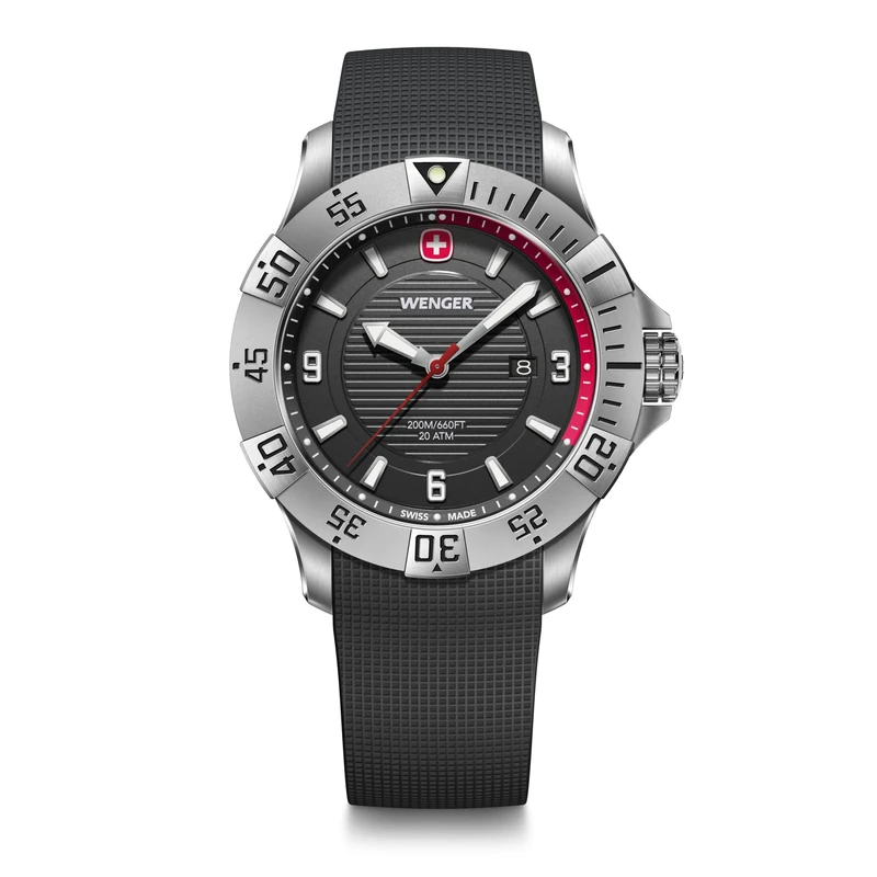 WENGER Men’s Watch Seaforce Ø 43 mm, Swiss Made, Analogue Quartz, Water-Resistant up to 200 m, Silicone Strap, Black, 01.0641.138