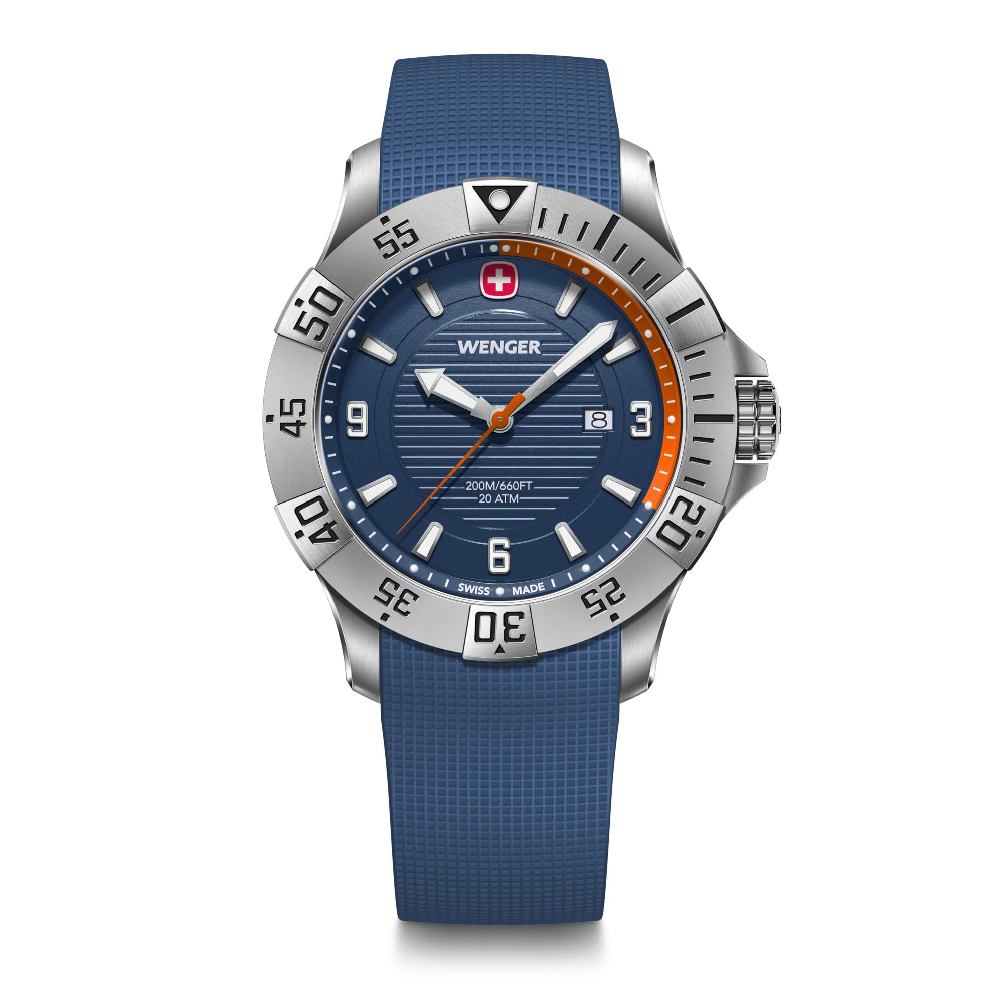 Wenger Men’s Watch Seaforce Ø 43 mm, Swiss Made, Analogue Quartz, Water-Resistant up to 200 m, Silicone Strap, Blue, 01.0641.140