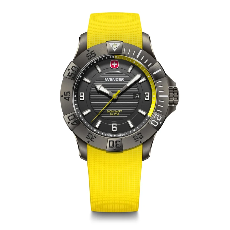Wenger Men’s Watch Seaforce Ø 43 mm, Swiss Made, Analogue Quartz, Water-Resistant up to 200 m, Silicone Strap, Yellow/Black, 01.0641.145