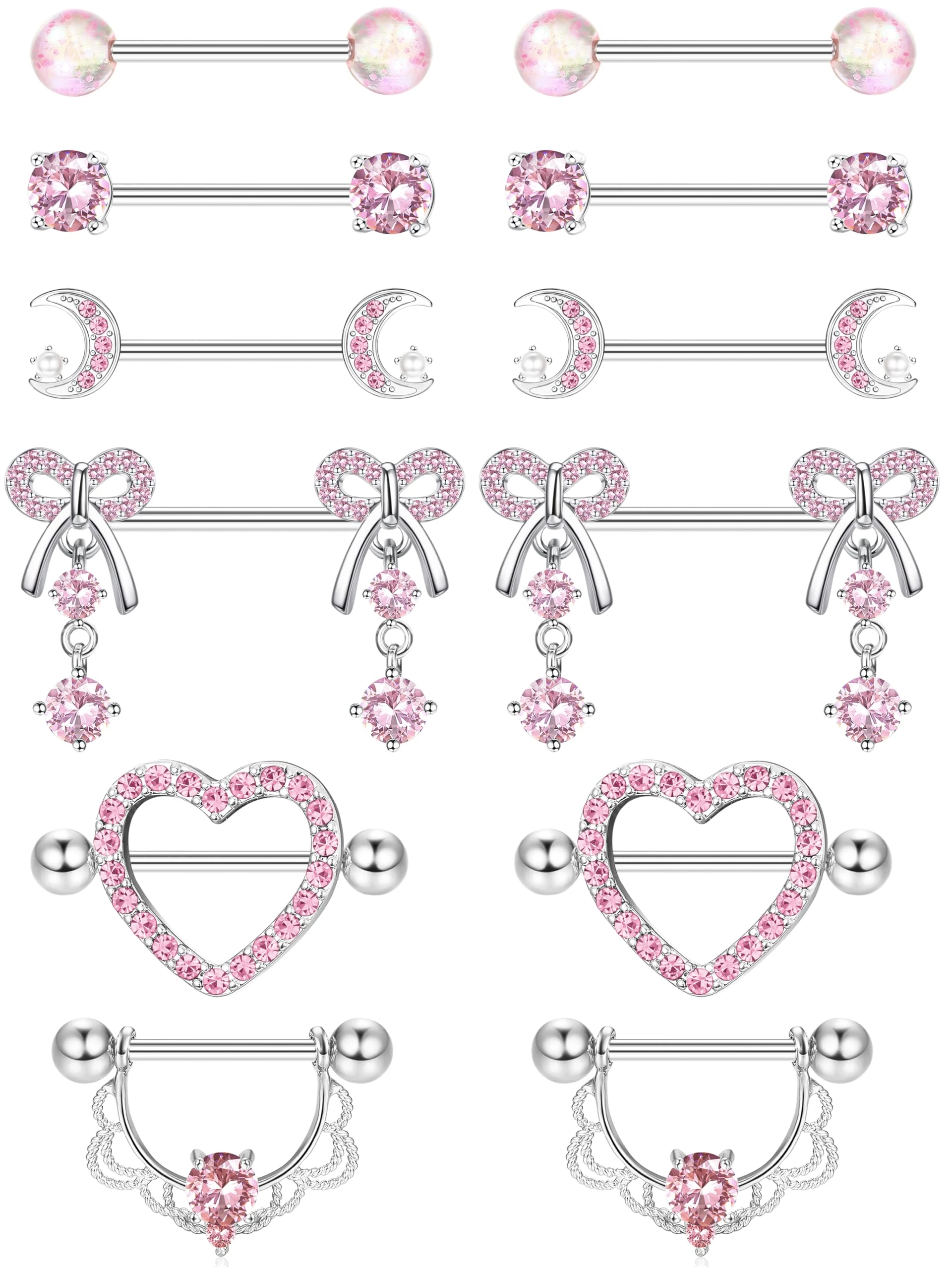 CASSIECA 6Pairs Nipple Piercing Jewellery 316L Surgical Steel Nipple Bars Nipple Rings Pink Moon Cubic Zirconia Heart Bow Nipple Piercings Barbell Body Jewellery Piercing 14G 16-18mm