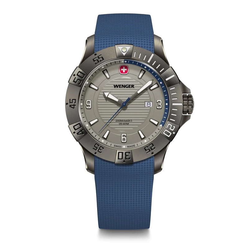 Wenger Men’s Watch Seaforce Ø 43 mm, Swiss Made, Analogue Quartz, Water-Resistant up to 200 m, Silicone Strap, Blue/Black, 01.0641.142