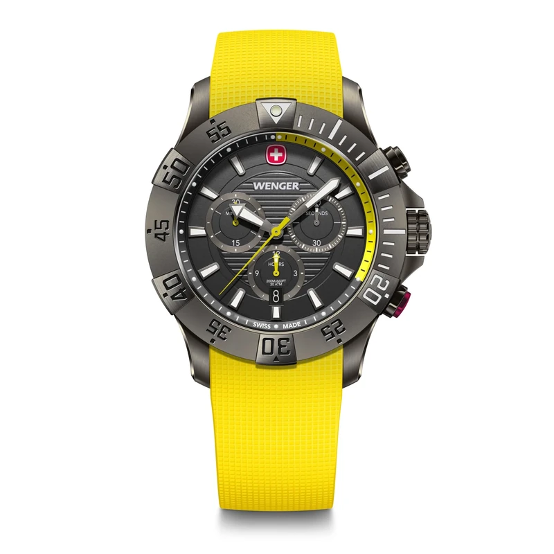 Wenger Men’s Watch Seaforce Chronograph Ø 43 mm, Swiss Made, Analogue Quartz, Water-Resistant up to 200 m, Silicone Strap, Yellow/Black, 01.0643.129