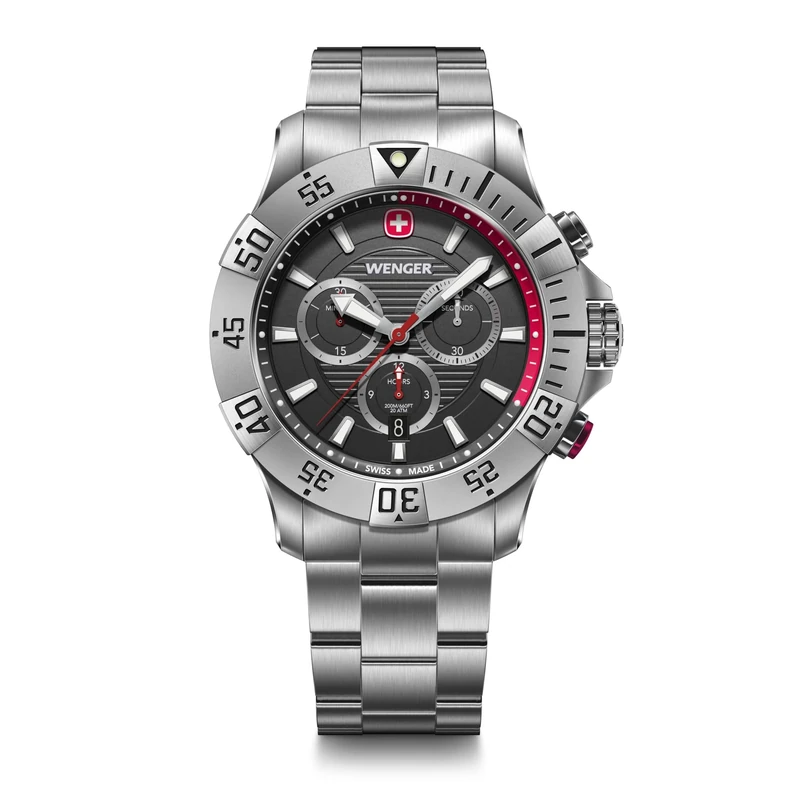 Wenger Men’s Watch Seaforce Chronograph Ø 43 mm, Swiss Made, Analogue Quartz, Water-Resistant up to 200 m, Stainless Steel Strap, Silver/Black, 01.0643.123