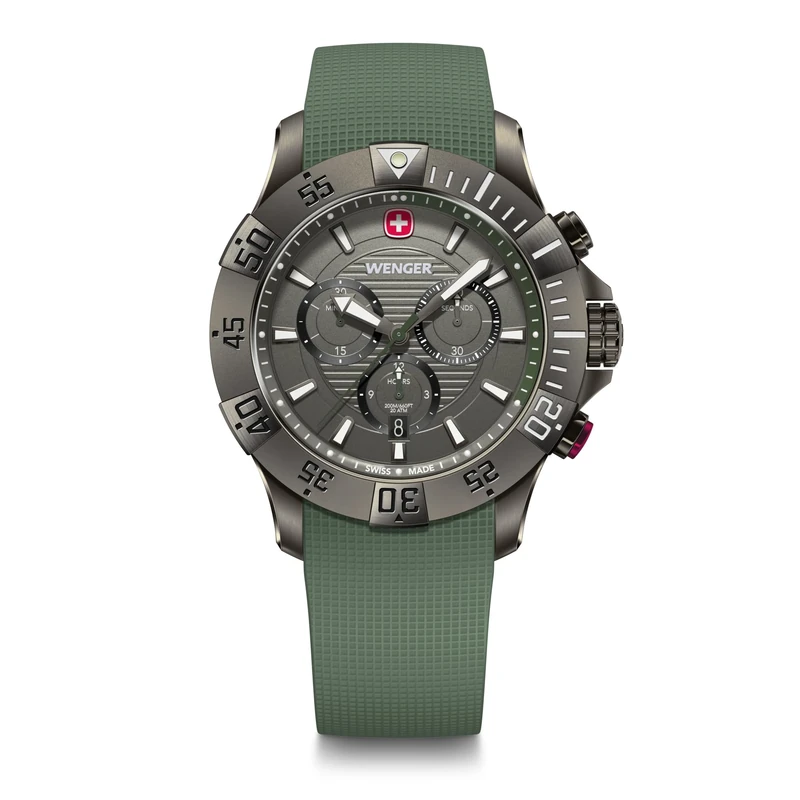 Wenger Men’s Watch Seaforce Chronograph Ø 43 mm, Swiss Made, Analogue Quartz, Water-Resistant up to 200 m, Silicone Strap, Green/Black, 01.0643.127
