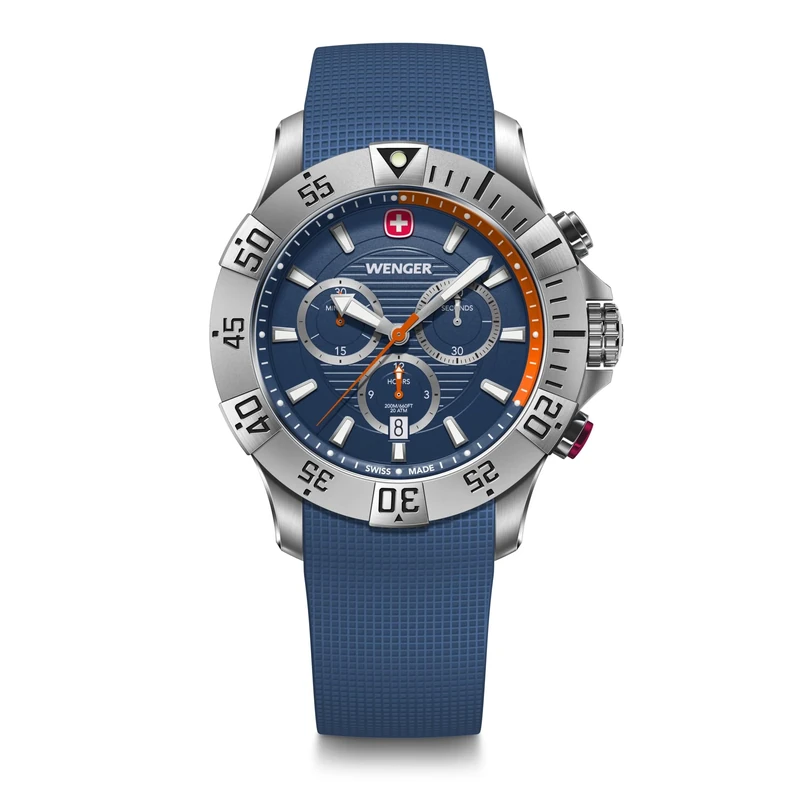 Wenger Men’s Watch Seaforce Chronograph Ø 43 mm, Swiss Made, Analogue Quartz, Water-Resistant up to 200 m, Silicone Strap, Blue, 01.0643.124