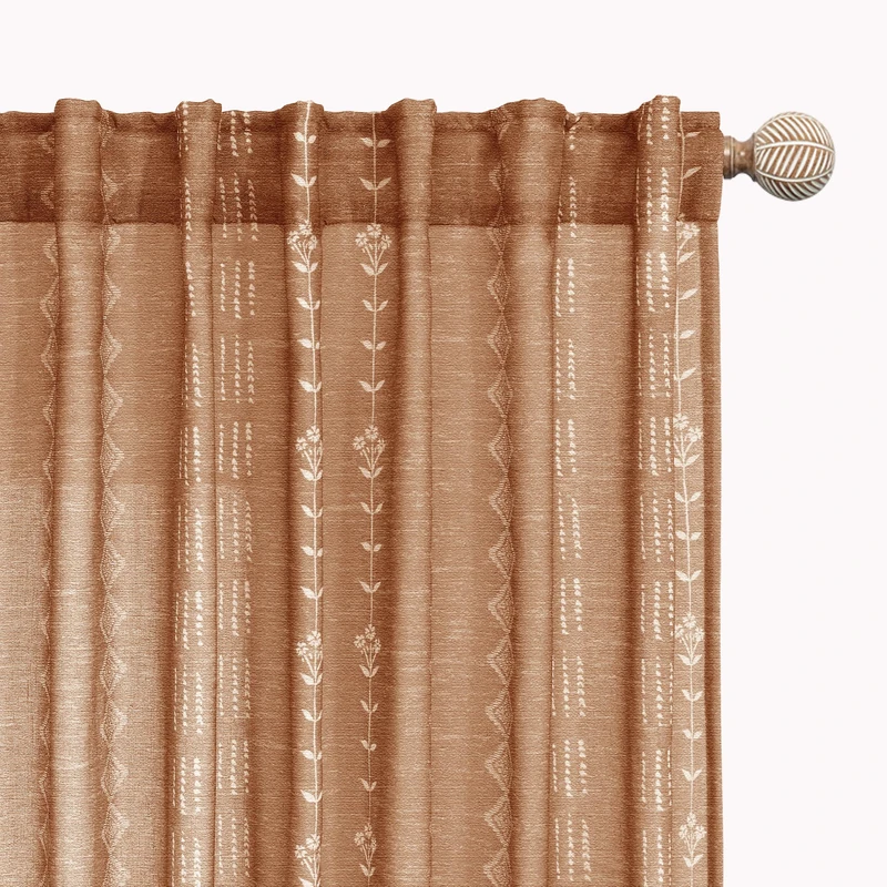 Boho Curtains 2 Panels Patterned Farmhouse for Living Room Bedroom,Vintage Floral Printed Terracotta Rust Colored Linen Sheer Rustic Curtains 84 Inch Length Set