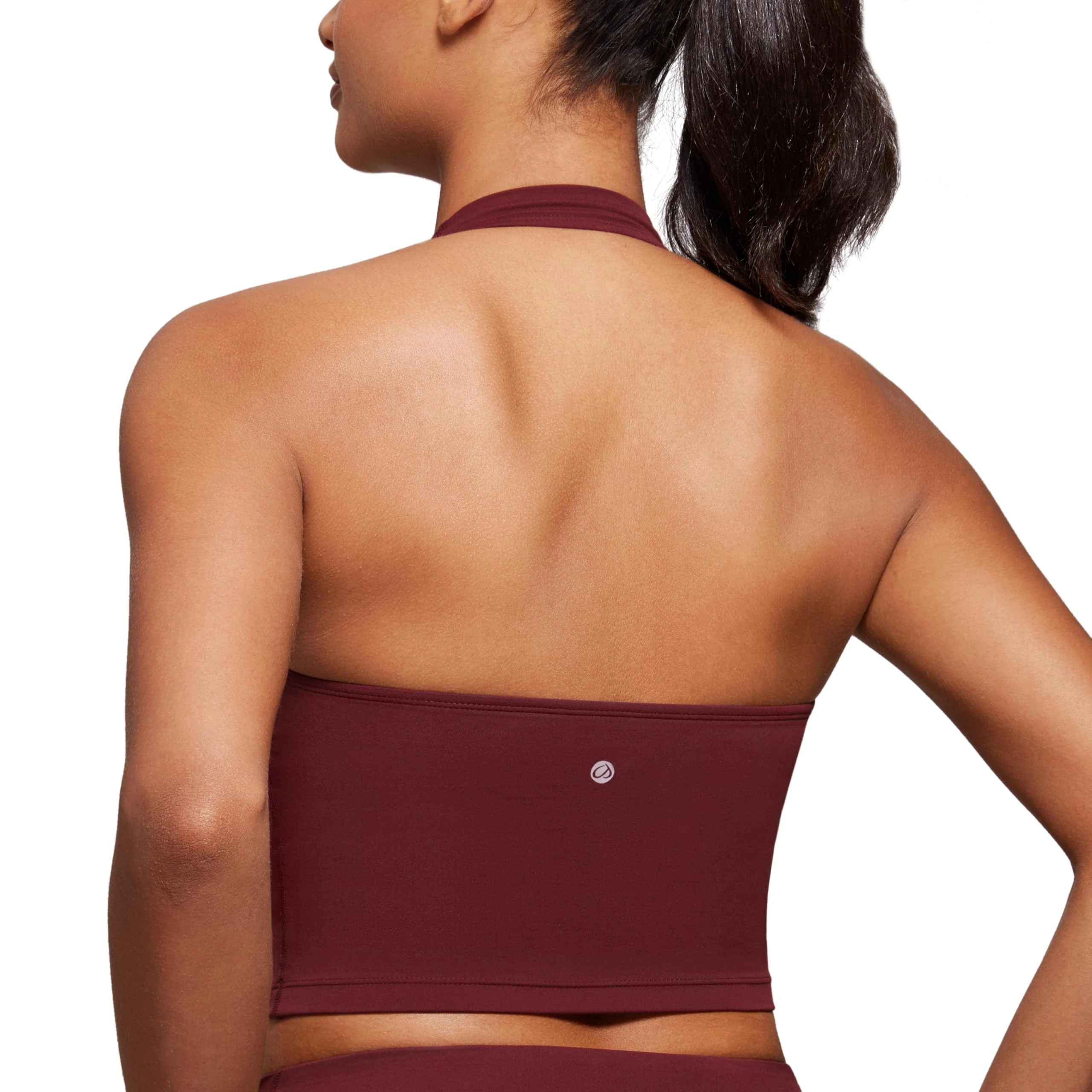 CRZ YOGA Butterluxe Women's Halter Neck Sports Bra Padded Longline Yoga Bras Workout Sport Crop Top with Built in Shelf Bra Red Merlot 10
