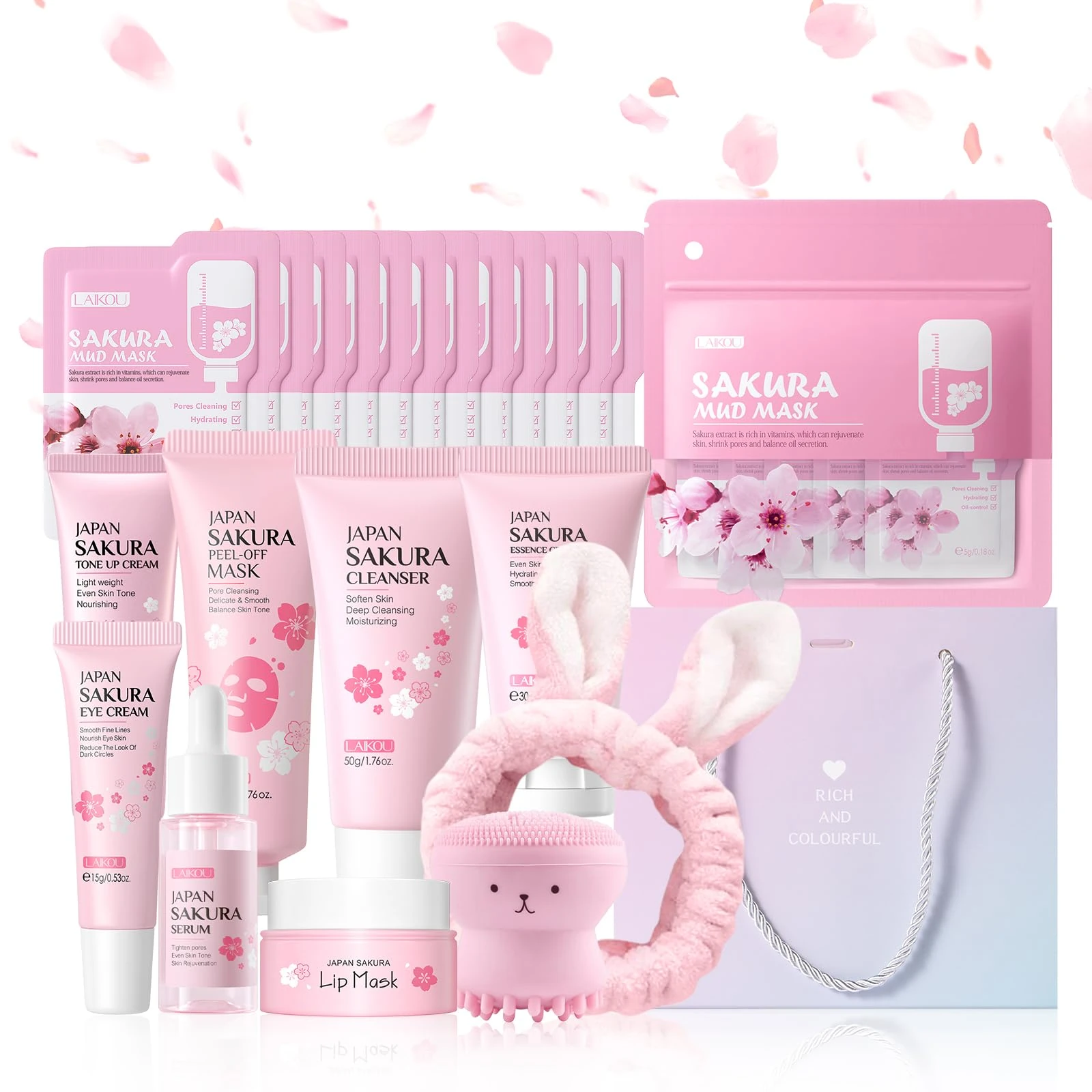 LAIKOU Sakura Skincare Set for Teen Girls, Complete 34PCS Face Care Kit, Christmas Pamper Gift Set for Women & Teenage Girls, Hydrating & Nourishing Travel-Friendly Daily Facial Skincare Routine