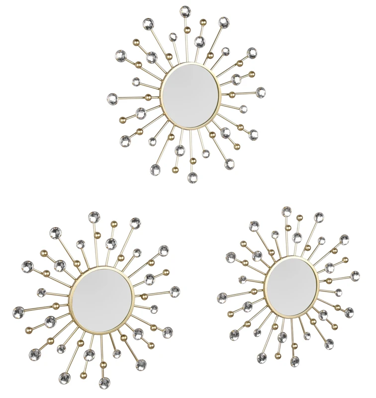 Melanie Wall Mirrors Set of 3 Frame in Gold with Decorative Balls and Crystals Diameter 25.5 cm