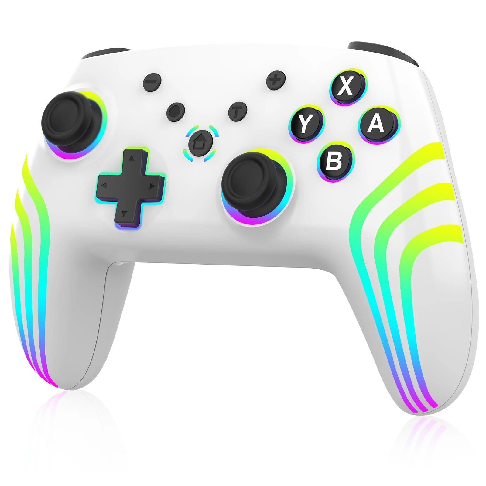 MYSTILUCK Wireless Pro Controller for Switch/Switch 2/Lite/OLED/PC, Gamepad with 7 Color Changing RGB Lighting/Hall Effect Trigger/Dual Vibration/Turbo, Ergonomic Designed Precise Joystick, White