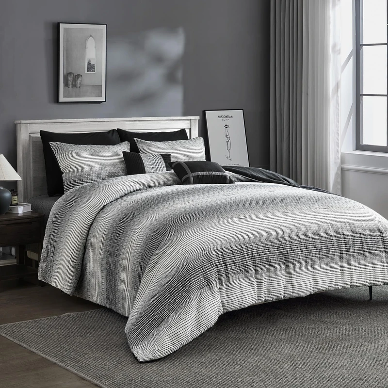 Wonderful Waffle Weave Comforter Set King Size, Striped Yarn-Dyed Texture Soft Breathable Comforter Set with Pillow Shmas, 5 Piece White&Grey Fluffy Bedding Set with Pillow Shams, Decorative Pillows