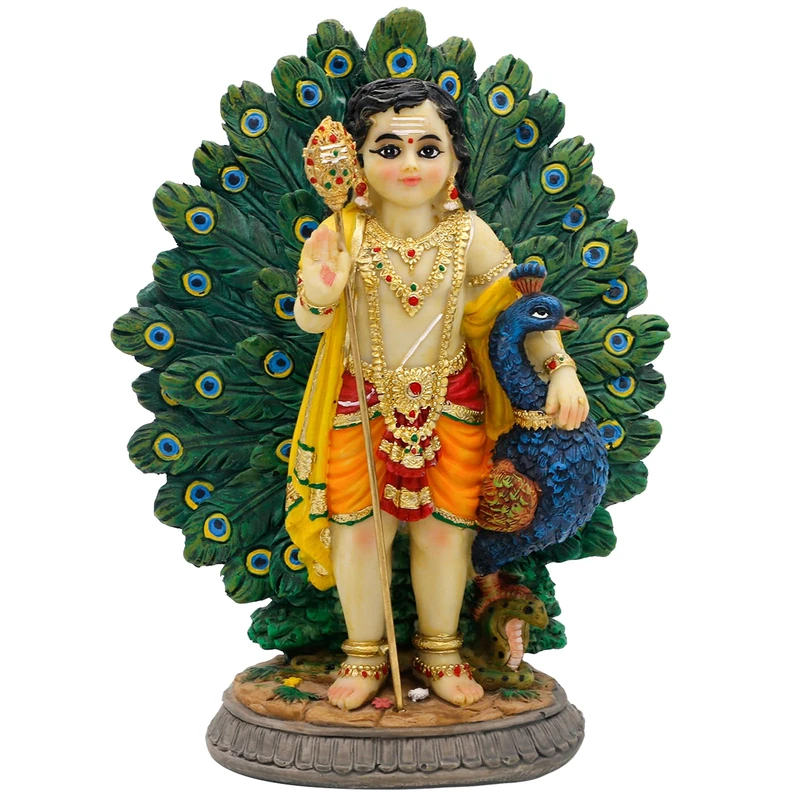 Lord Kartikeya Statue with Peacock - 6.7”H Indian Idol Murugan Murti Item Home Office Temple Mandir Shrine Altar Pooja Decor India Diwali Puja Gifts for Friends Relative