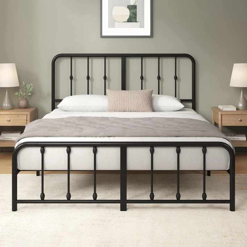 Zinus Florence Bed 140 x 200 cm - 35 cm High - Metal Bed Frame with Headboard and Footboard - Bed with Slatted Frame - Vintage Design Bed Frame - Under Bed Storage - Black
