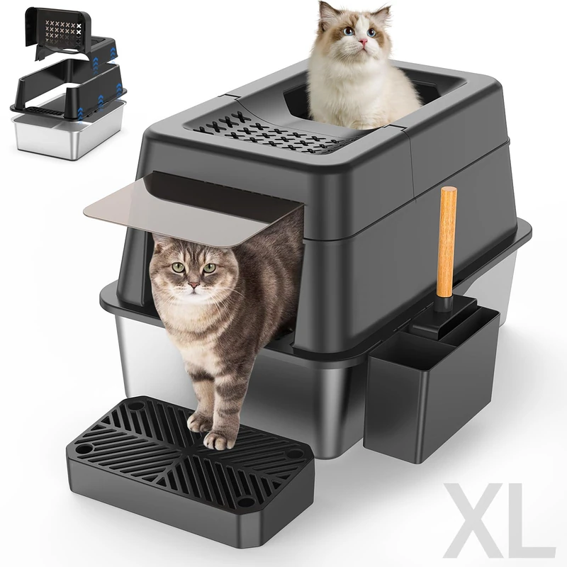 Aphyxen Stainless Steel Litter Box with Lid, XL Extra Large Enclosed Cat Litter Box for Big Cats 110° Flip Cover, Top Entry Metal High Sided Cat Box & Pedal & Scoop, Anti-Leakage (Black)