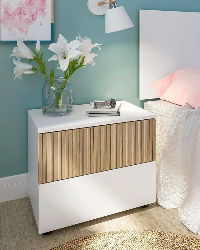 Dmora Gleed Bedside Table, Low Chest, Night Table, Bed Shelf, 50 x 42 x H 34 cm, White and Oak