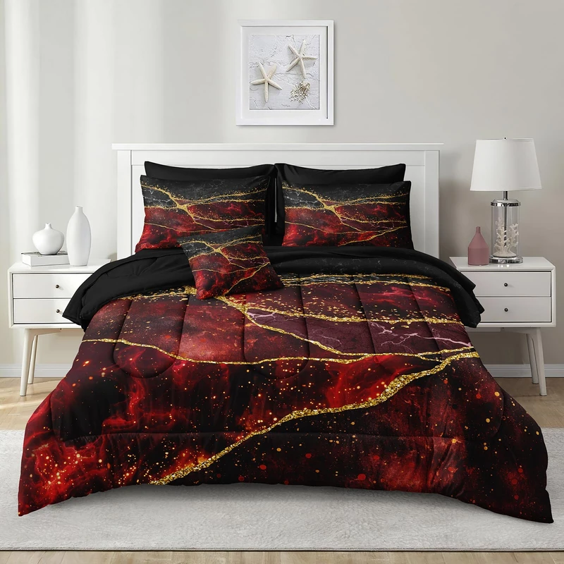 Black Gold Comforter Set 6 Pcs Red Marble Bedding Set Twin Size Bed in A Bag Red and Black Marble Stone Texture Abstract Room Decor Black Marble Bed Comforter