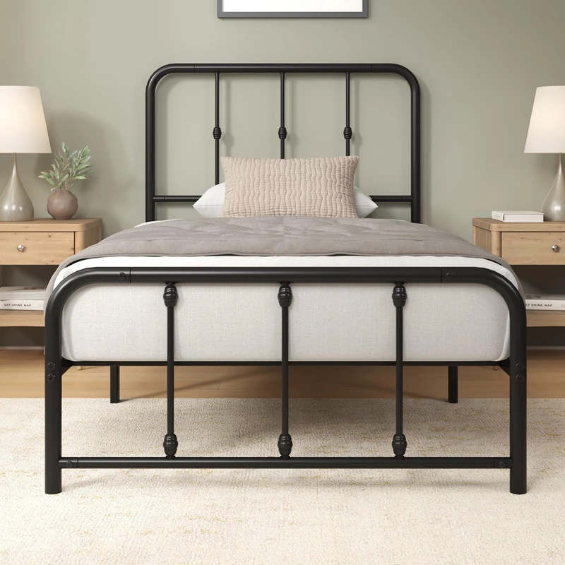 Zinus Florence Bed 90 x 200 cm Height 35 cm Metal Bed Frame with Headboard and Footboard with Slatted Frame Vintage Design Storage Space Under Bed Black