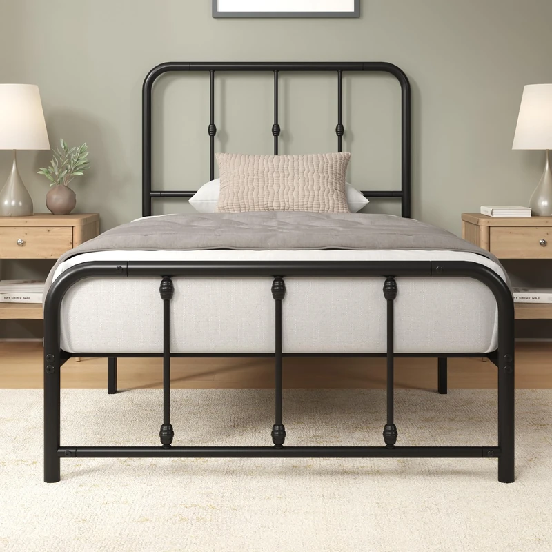 Zinus Florence 3ft Single Bed Frame with Headboard (90 x 190 cm) - 14'' Height - Metal Bed Base with Footboard - Steel Slat Support - Easy Assembly - Black