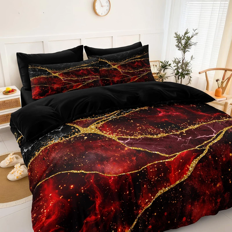 Black Gold Comforter Set 8 Pcs Red Marble Bedding Set Full Size Bed in A Bag Red and Black Marble Stone Texture Abstract Room Decor Black Marble Bed Comforter