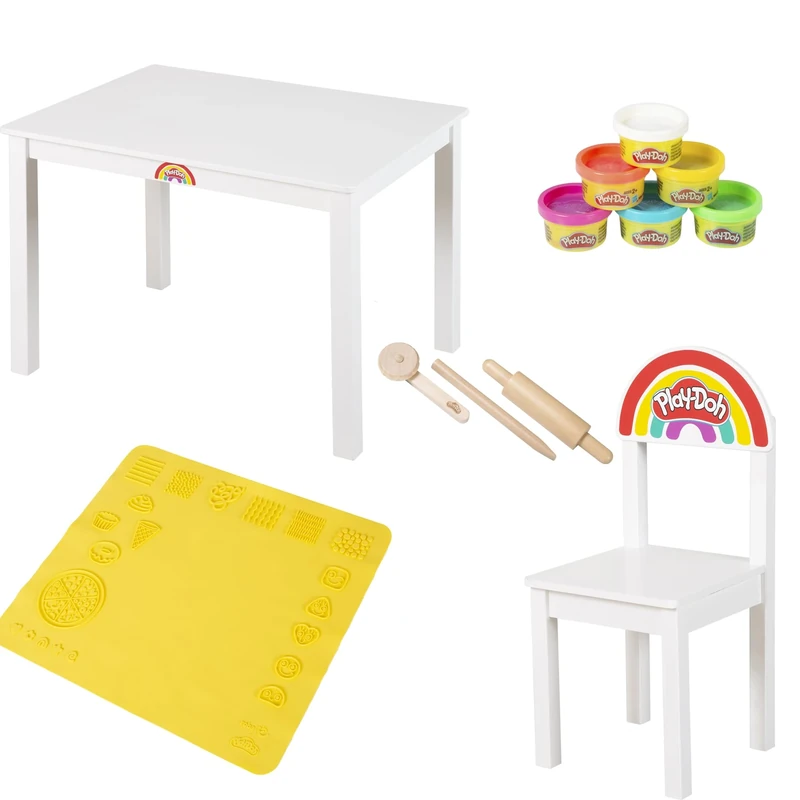roba x Play-Doh Seating Set - Children’s Table + Chair - FSC Certified Playset with 6 Cans of Modeling Clay, 3 Wooden Tools & Large 3D Creative Mat for Ages 3 and Up