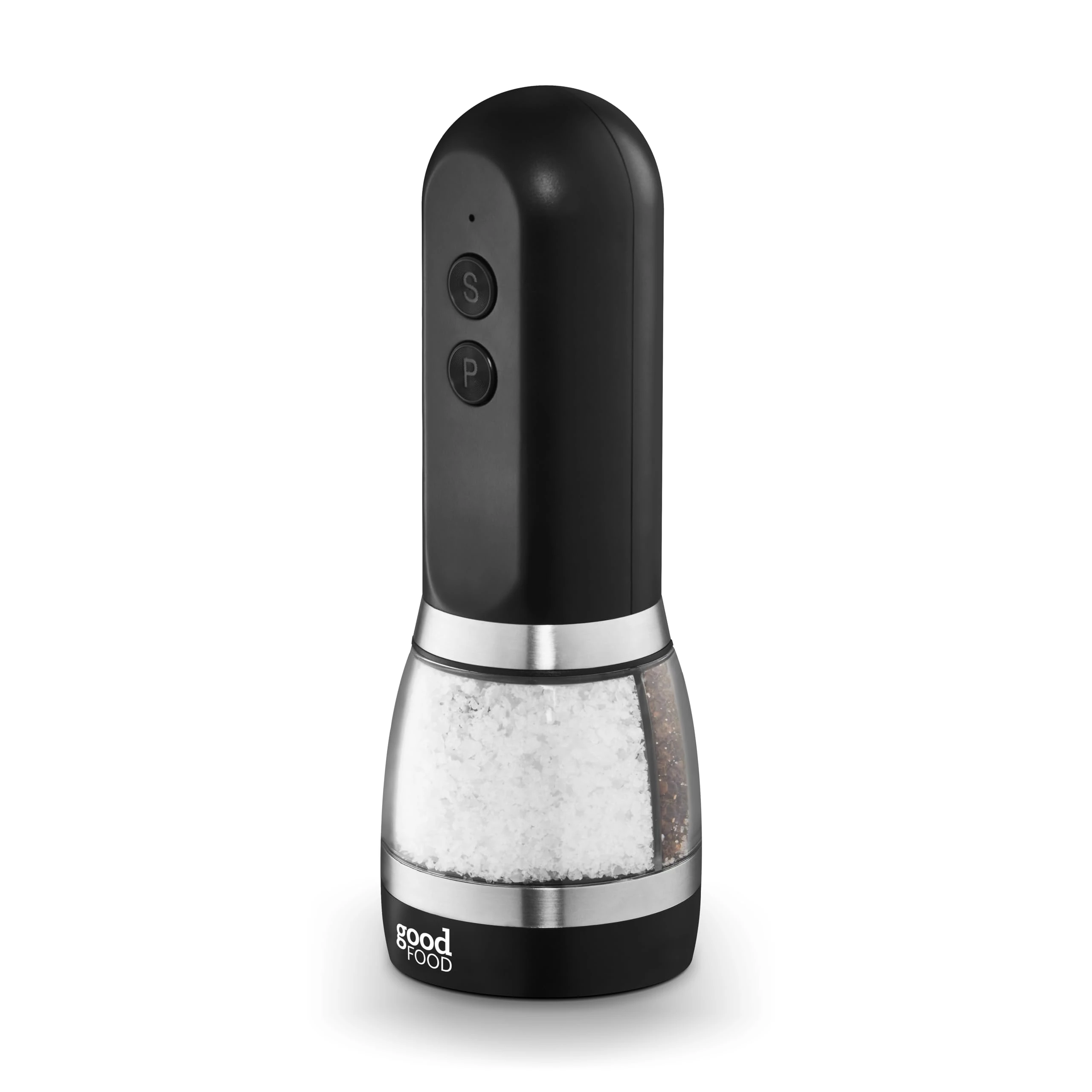 GF847069 Good Food in Partnership with Tower Duo Salt & Pepper Mill, Rechargeable with Adjustable Ceramic Grinders, Individual Push Buttons, Black with Brushed Chrome Accents