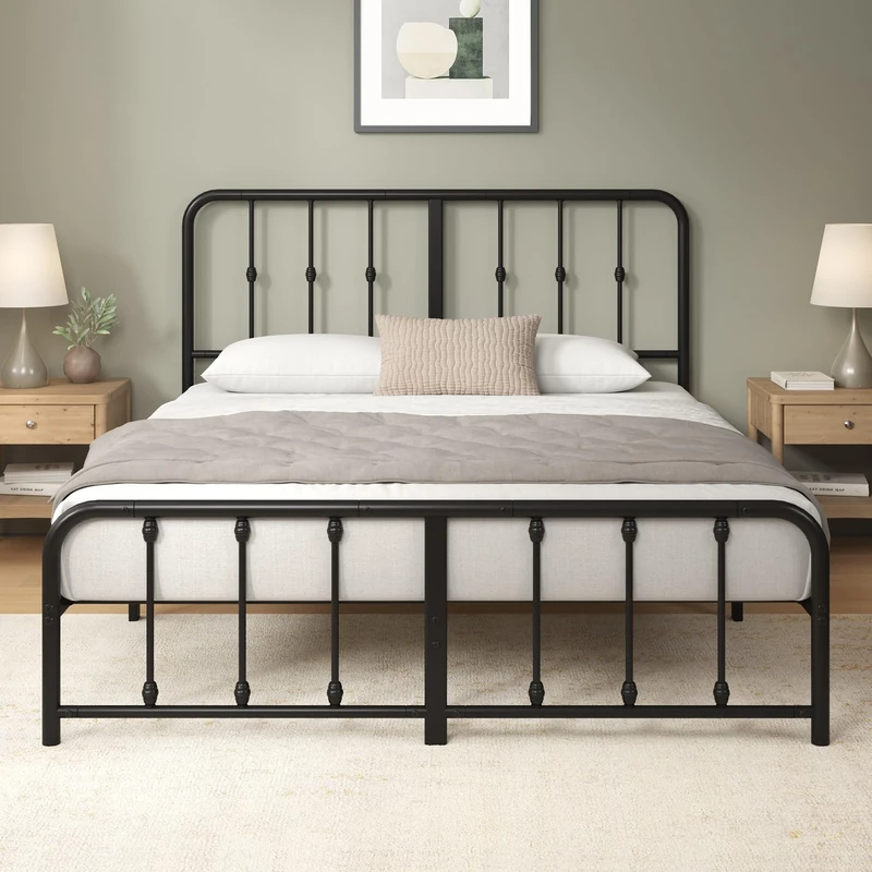 Zinus Florence Double Bed Frame with Headboard - 4ft6 (135 x 190 cm) - 14'' Height - Metal Bed Base with Footboard - Steel Slat Support - Easy Assembly - Black