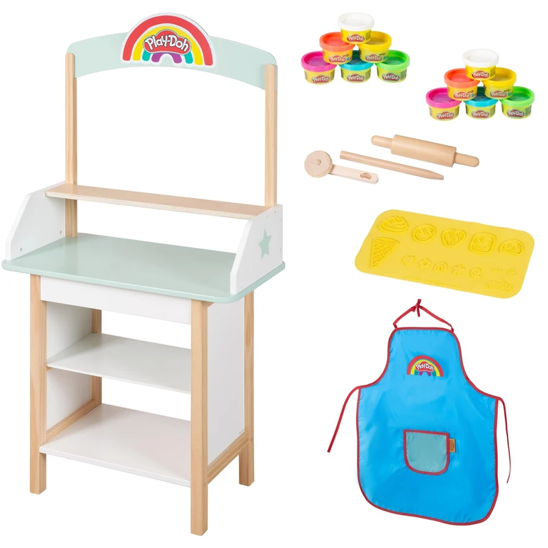 roba x Play-Doh Ice Cream Stand - Playset Made of FSC-Certified Wood with 12 Cans of Modeling Dough, Wooden Tools, Apron & 3D Mat - Creative Children's Play Shop for Ages 3 and Up