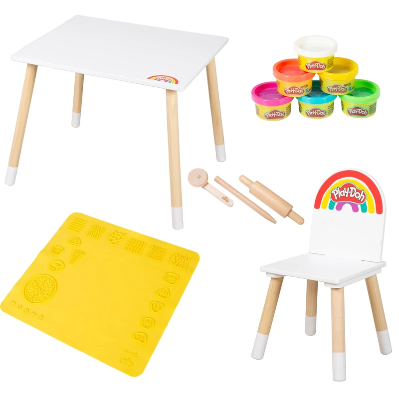 roba x Play-Doh Creative Seating Set - Playset Made from FSC-certified Wood - 6 Cans of Dough, 3 Wooden Tools, 3D Creative Mat & Table-Chair Combi for Ages 3 and Up
