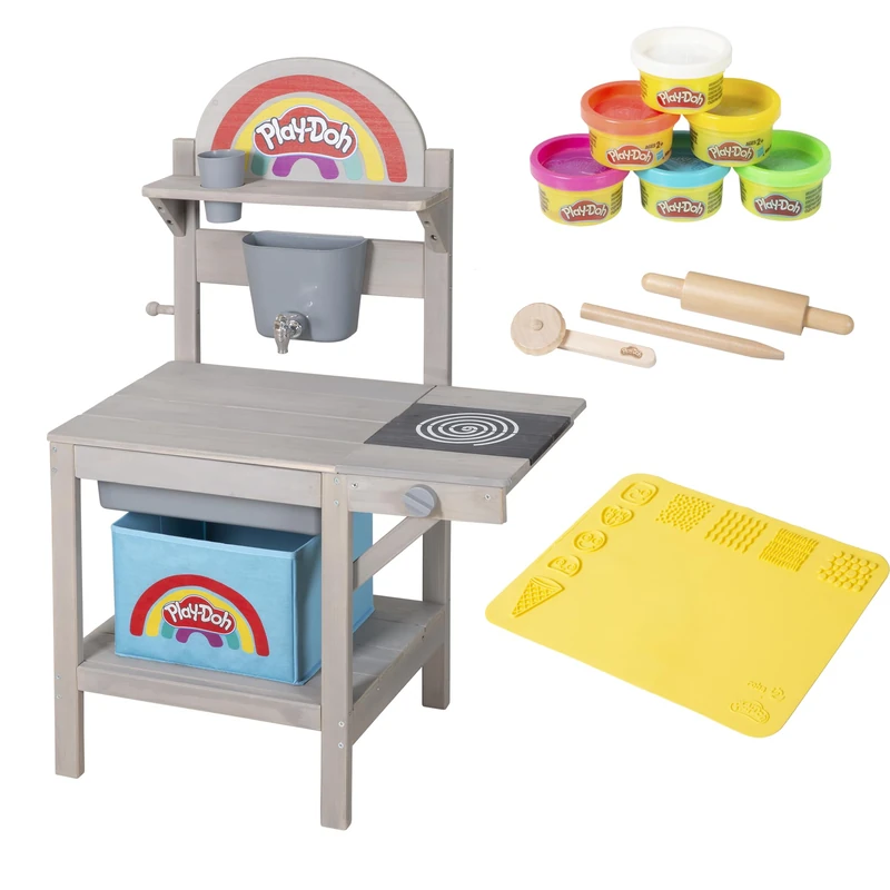 roba x Play-Doh Play Kitchen Made of FSC-Certified Wood - Includes 3D Creative Mat, 6 Dough Cans, Tools, Storage Box & Play Tub - Ideal for Indoor + Outdoor - from 3 Years