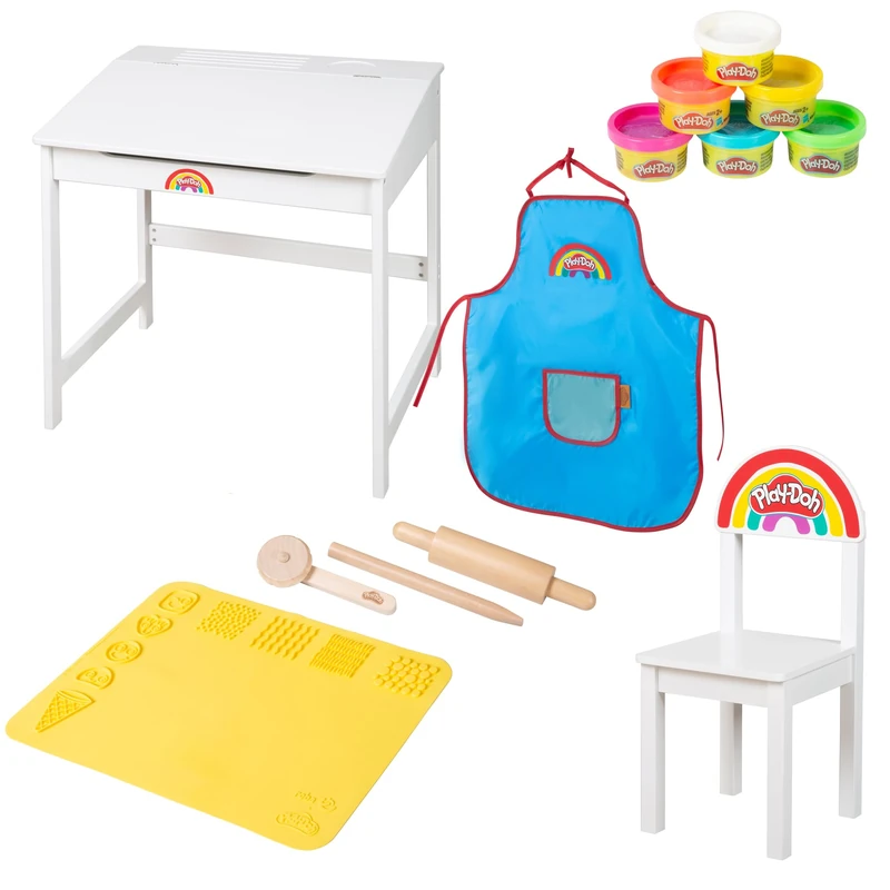 roba x Play-Doh School Desk - FSC Wooden Tools, 3D Creative Mat, 6 Cans of Dough, Apron & Chair - A Creative Drawing, Crafting, and Play Desk - for Children Aged 3 and Up