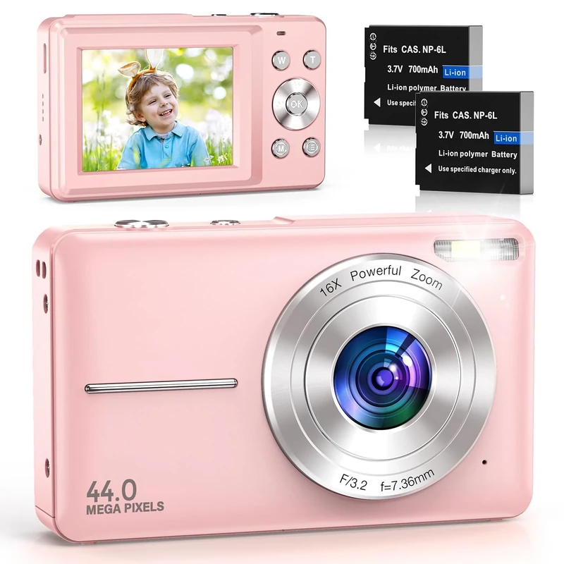 Digital Camera FHD 1080P 44MP Compact Digital Camera 2.4" LCD Compact Camera with 16X Digital Zoom, 2 Batteries for Kids Beginner Teenagers Pink