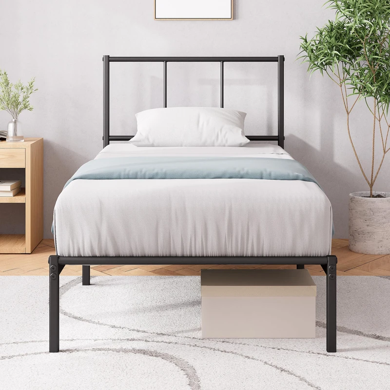 Zinus Justin Bed 190 x 90 cm – Metal Bed Frame with Headboard – Easy Assembly – Height 30 cm – Bed with Metal Slats Support – Storage Space Under the Bed – Modern Design – Black