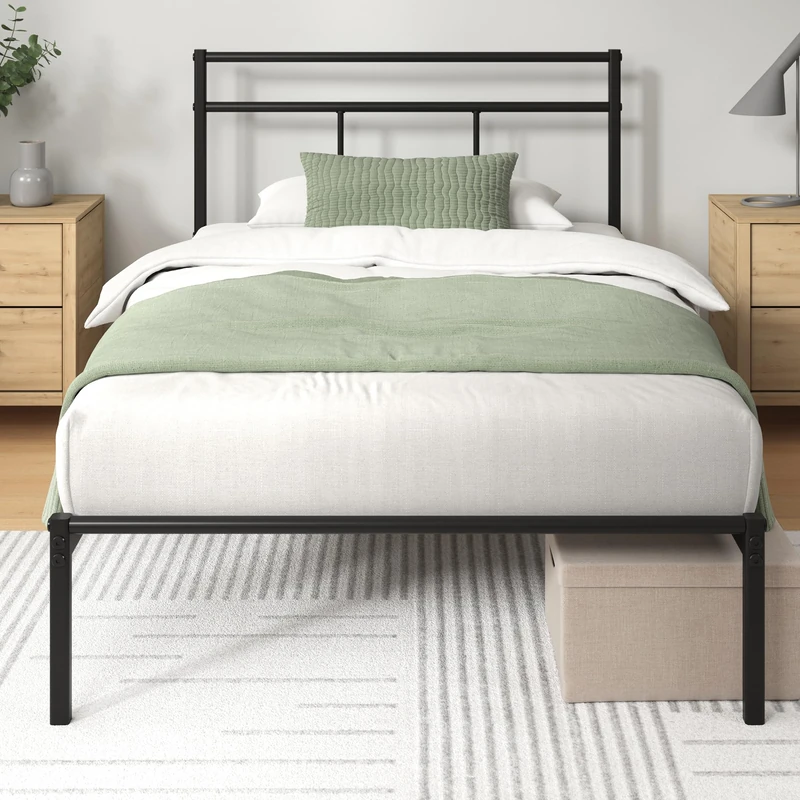 Zinus Elias Single Bed 80 x 190 cm - Bed 80 x 190 cm - Durable Metal Base with Headboard - Height 30 cm - Metal Slatted Base Included - Storage Space Below - Modern Design - Black